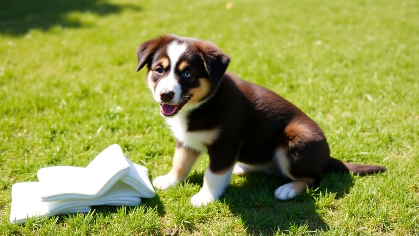 Puppy on grass with training pads