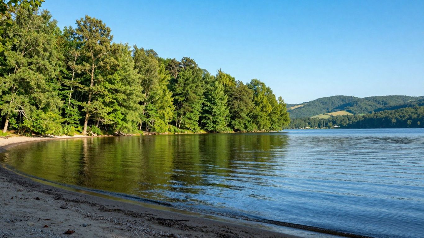 Sonniger See mit grünen Bäumen und blauer Himmel