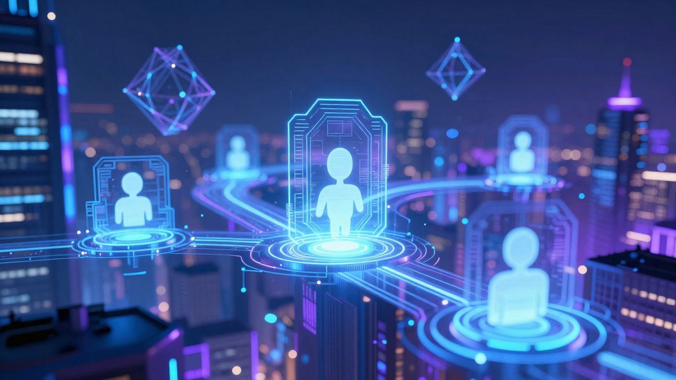 AI agents navigating a futuristic digital landscape.