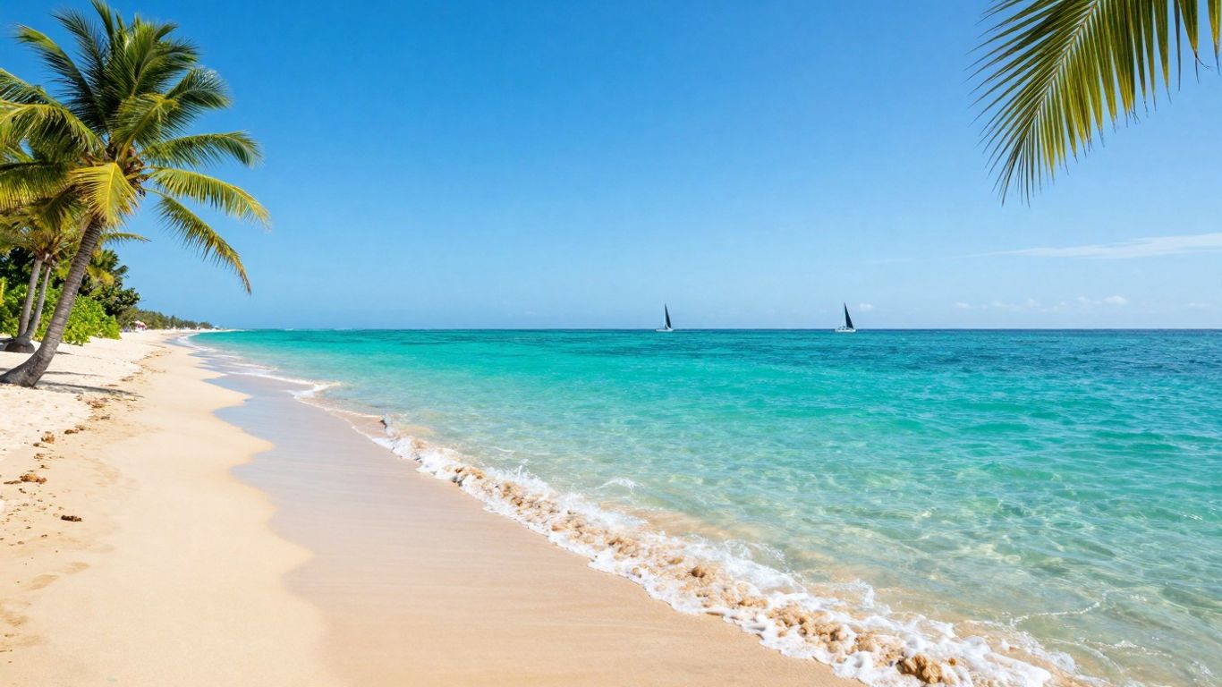 Sunny beach with palm trees and sailboats.