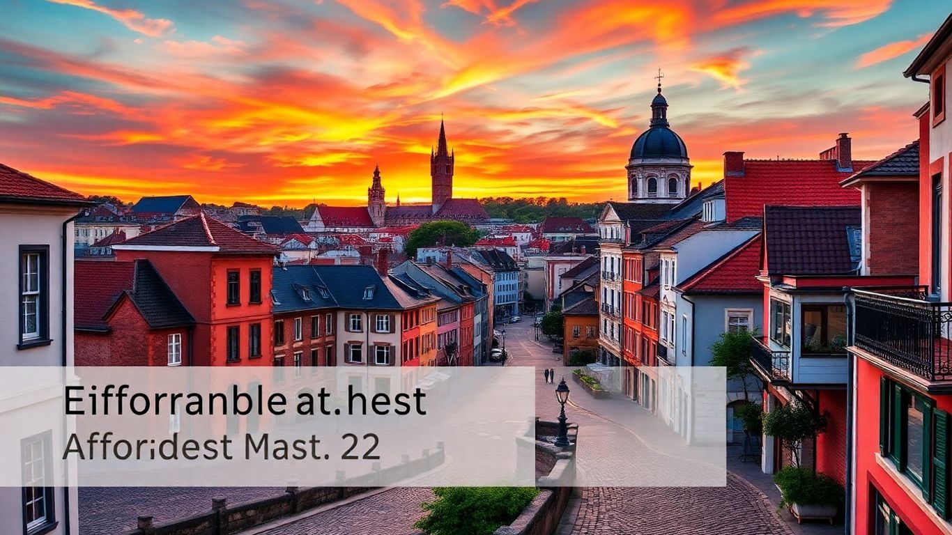 European cityscape at sunset with charming architecture.