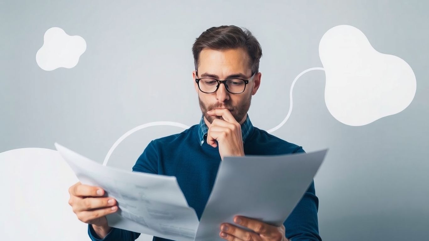 Personne examinant des documents financiers avec des formes abstraites.