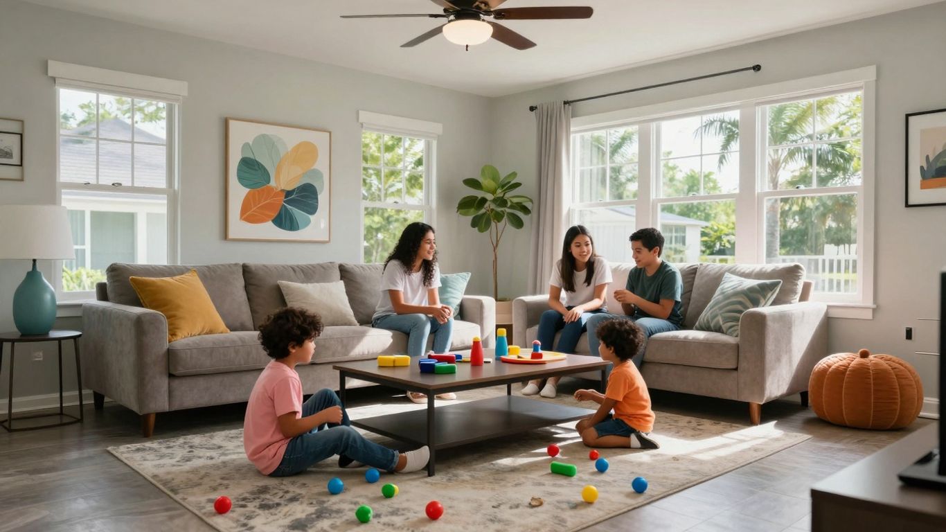 Family enjoying a cozy living room in Orlando rental.