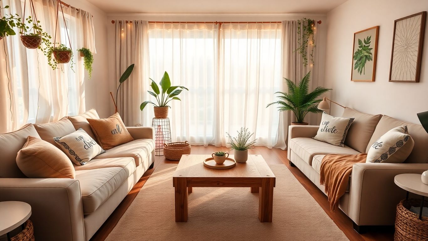 Living cochet cu decorațiuni DIY, buget redus, atmosferă primitoare