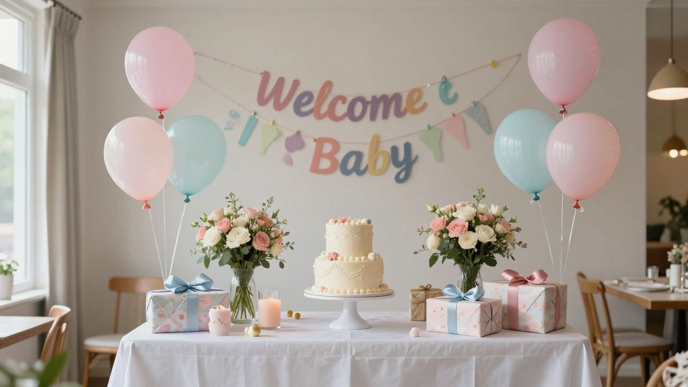 Beautiful DFW baby shower venue with decorations and gifts.