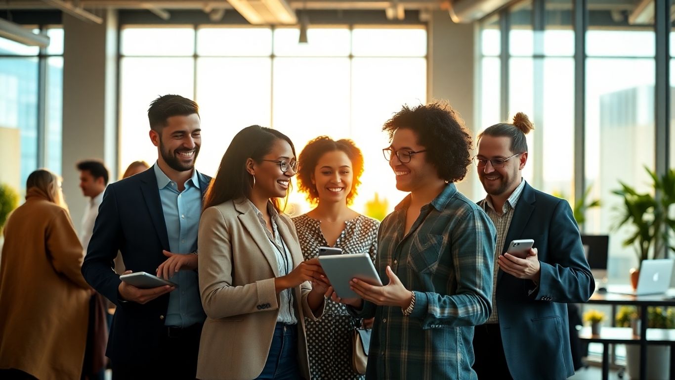 Tech professionals collaborating in a bright, modern office.