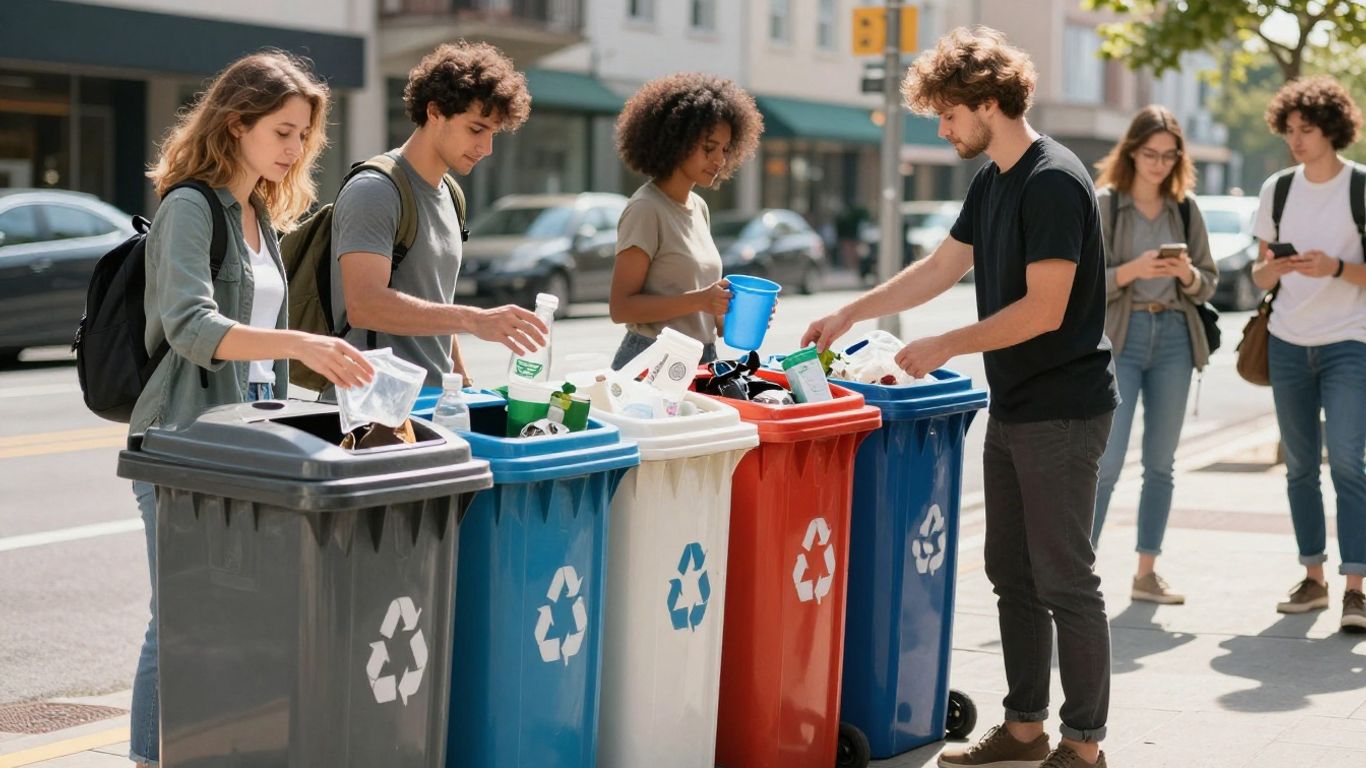 Cetățeni sortând deșeuri în pubele moderne în oraș.
