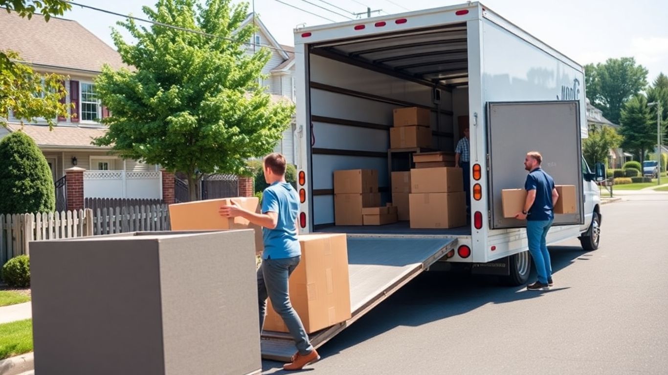 Movers loading truck on NJ residential street