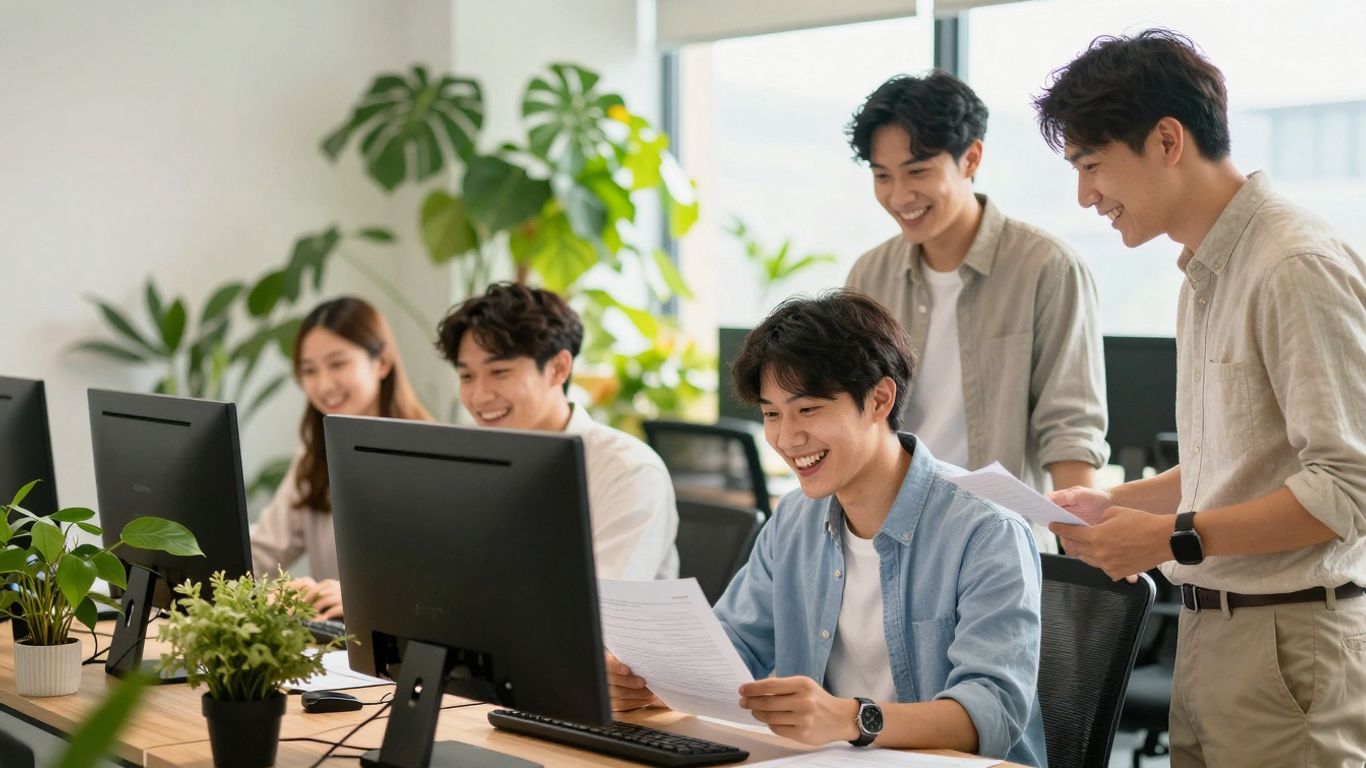 Gelukkige werknemers in een zonnig kantoor.