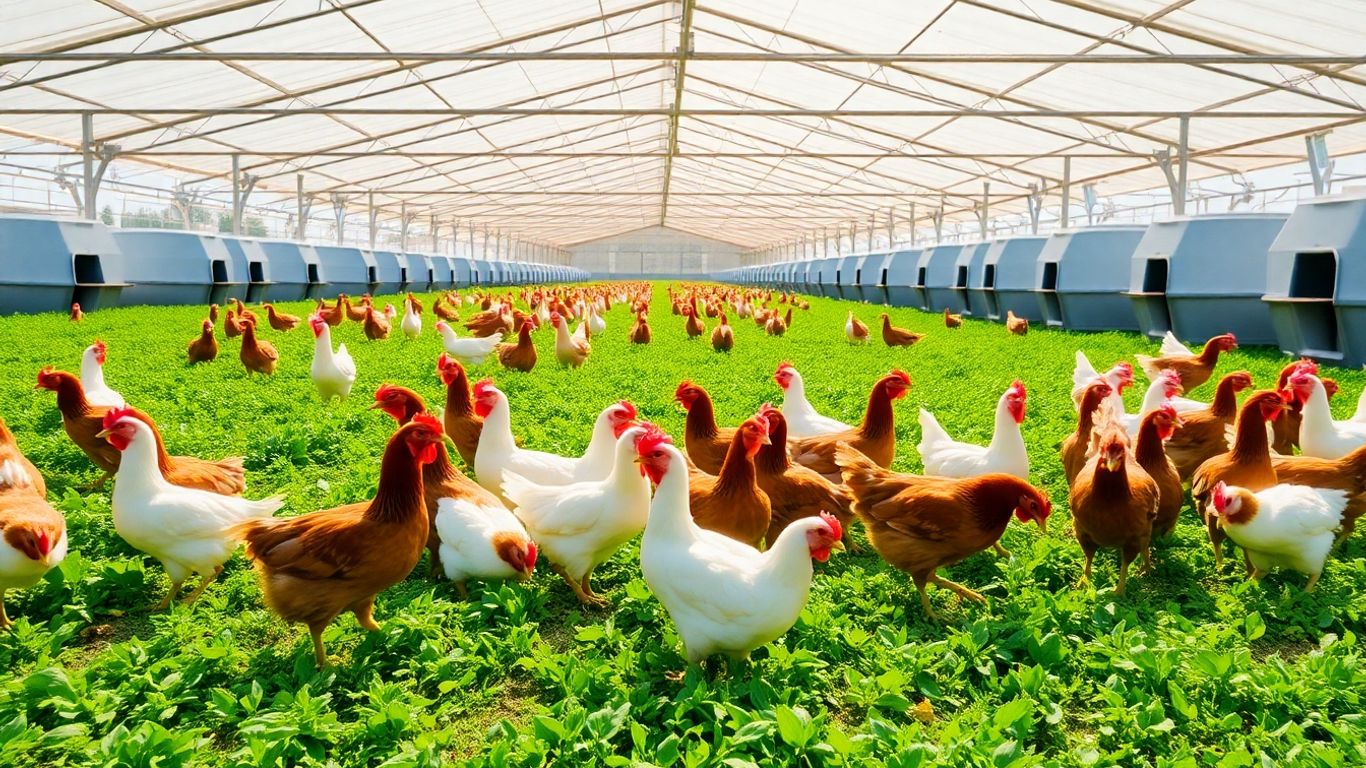 Healthy chickens in a green farm enclosure with modern coops.