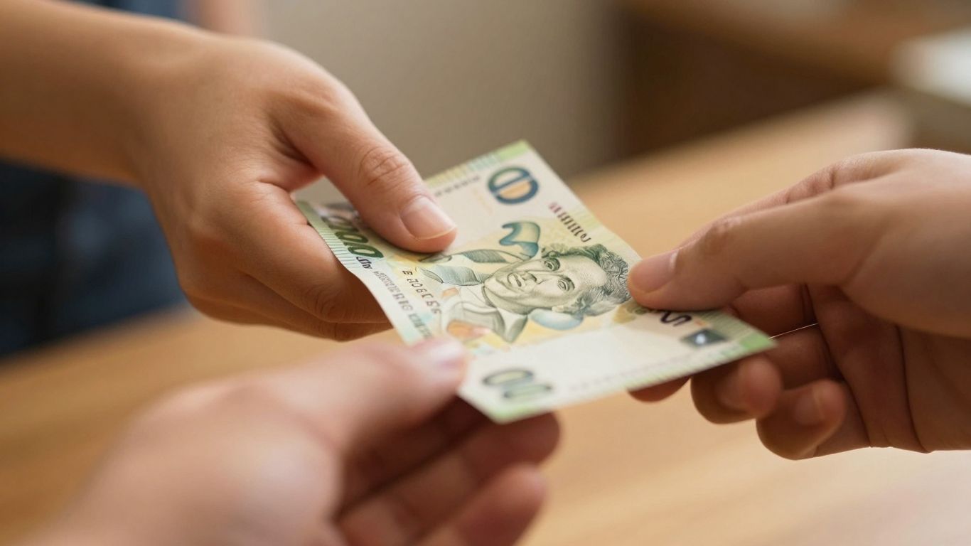 Hand giving money to another hand.