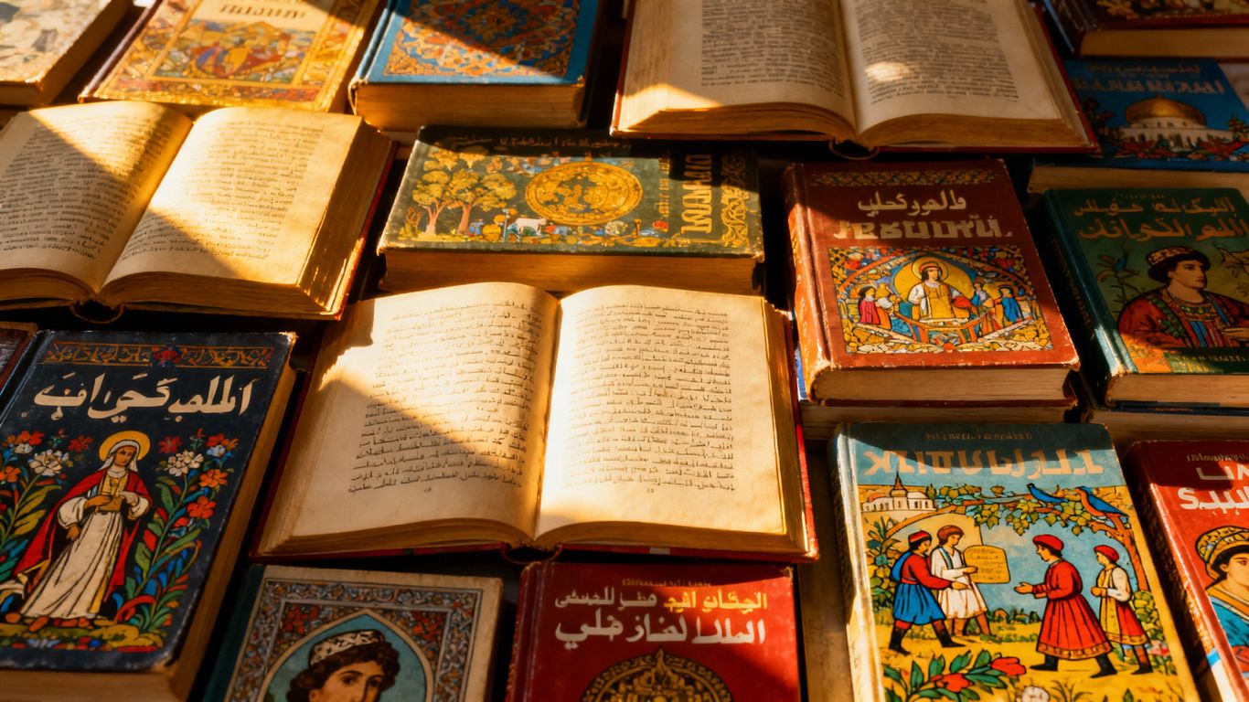 Diverse translated book covers stacked and illuminated by sunlight.