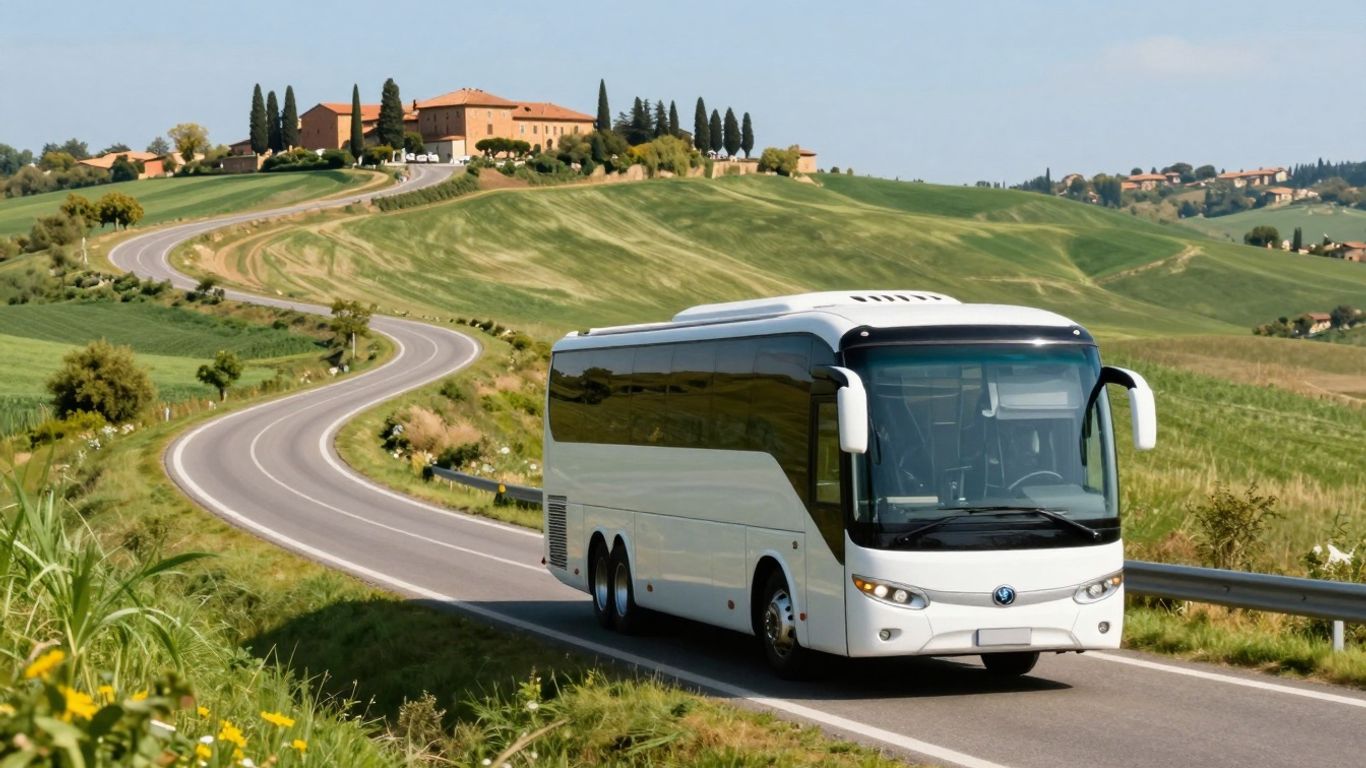 Autob&uacute;s viajando por la campi&ntilde;a italiana hacia Bolonia.