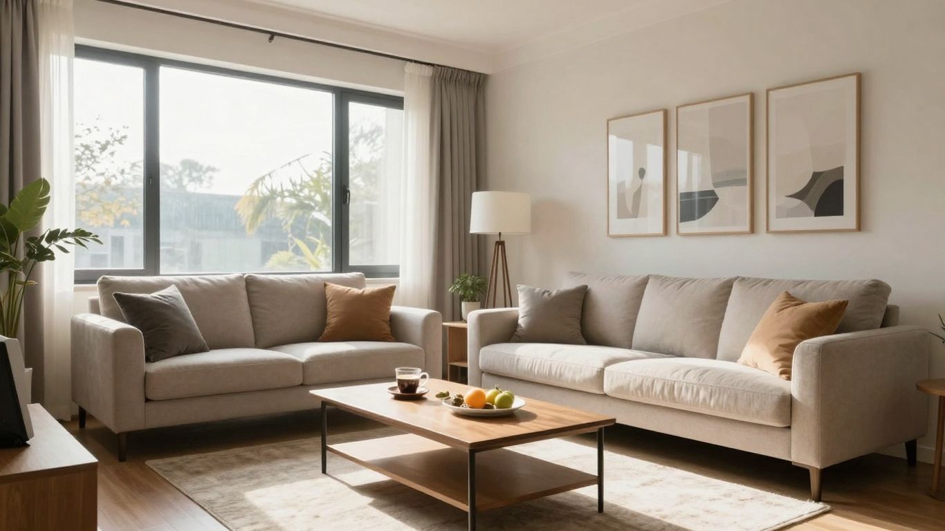 Sala de estar acogedora con luz natural y elementos de hogar.