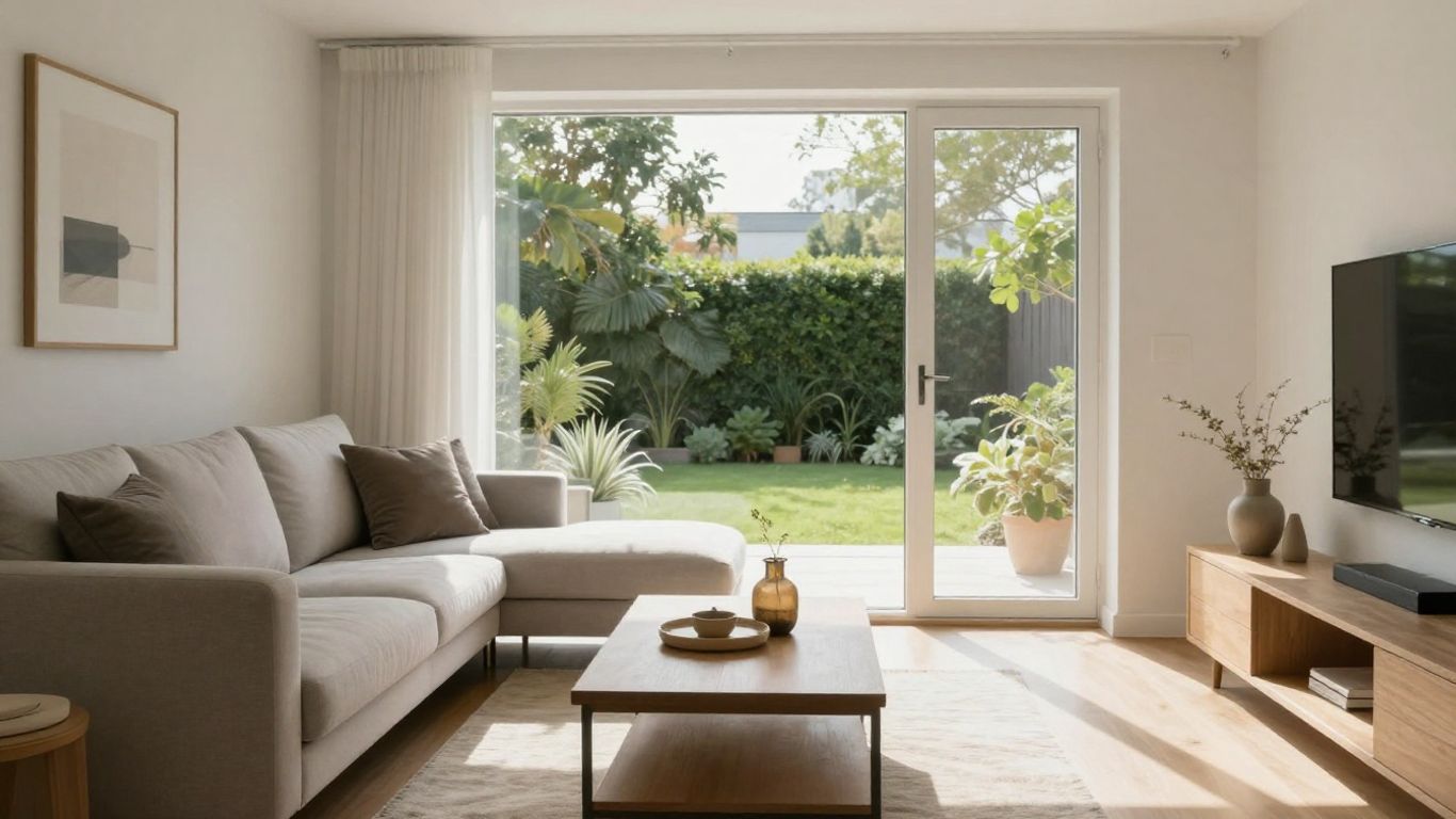 Sala de estar luminosa con sofá y ventana al jardín.