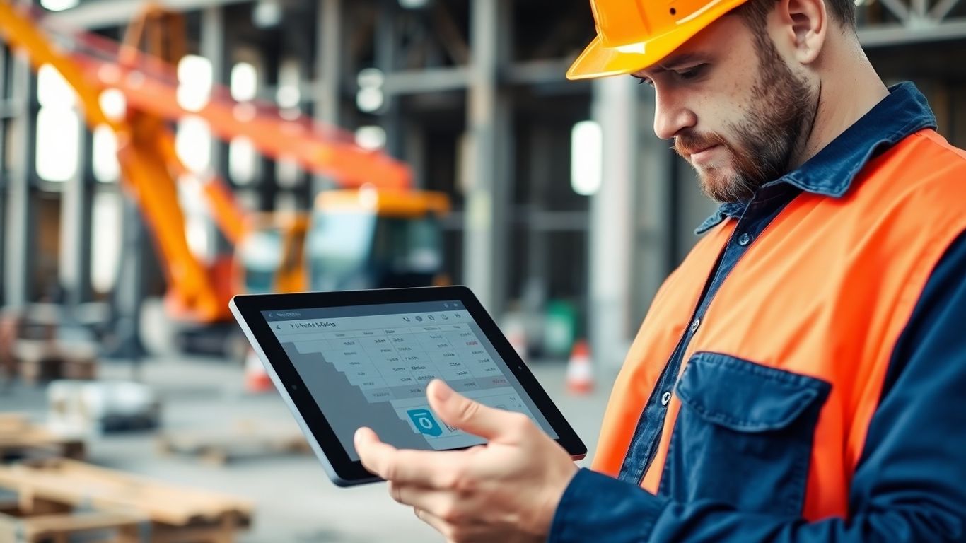 Construction worker checking financial data on a tablet.