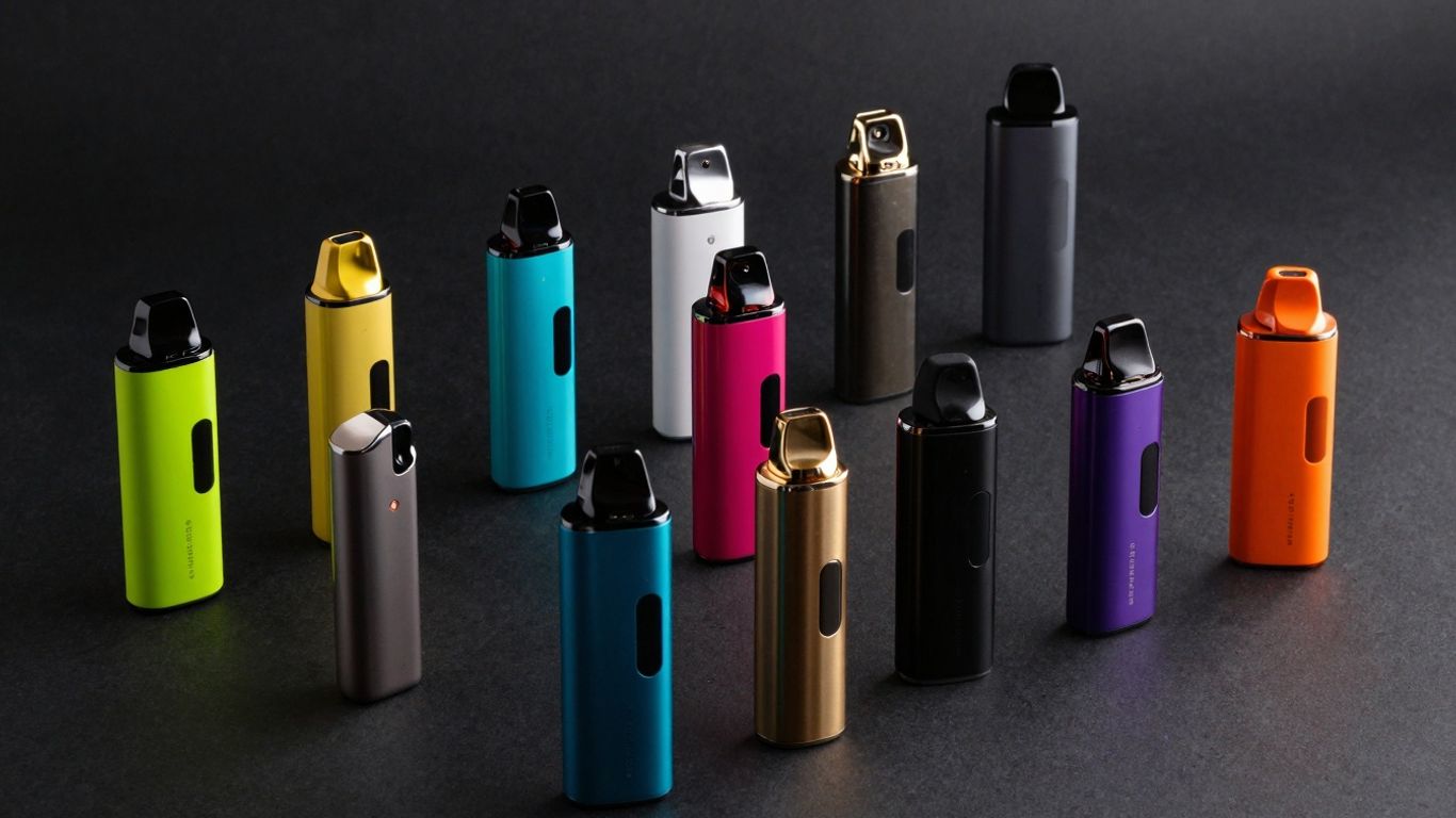 Verschiedene Einweg Vapes auf neutralem Hintergrund.