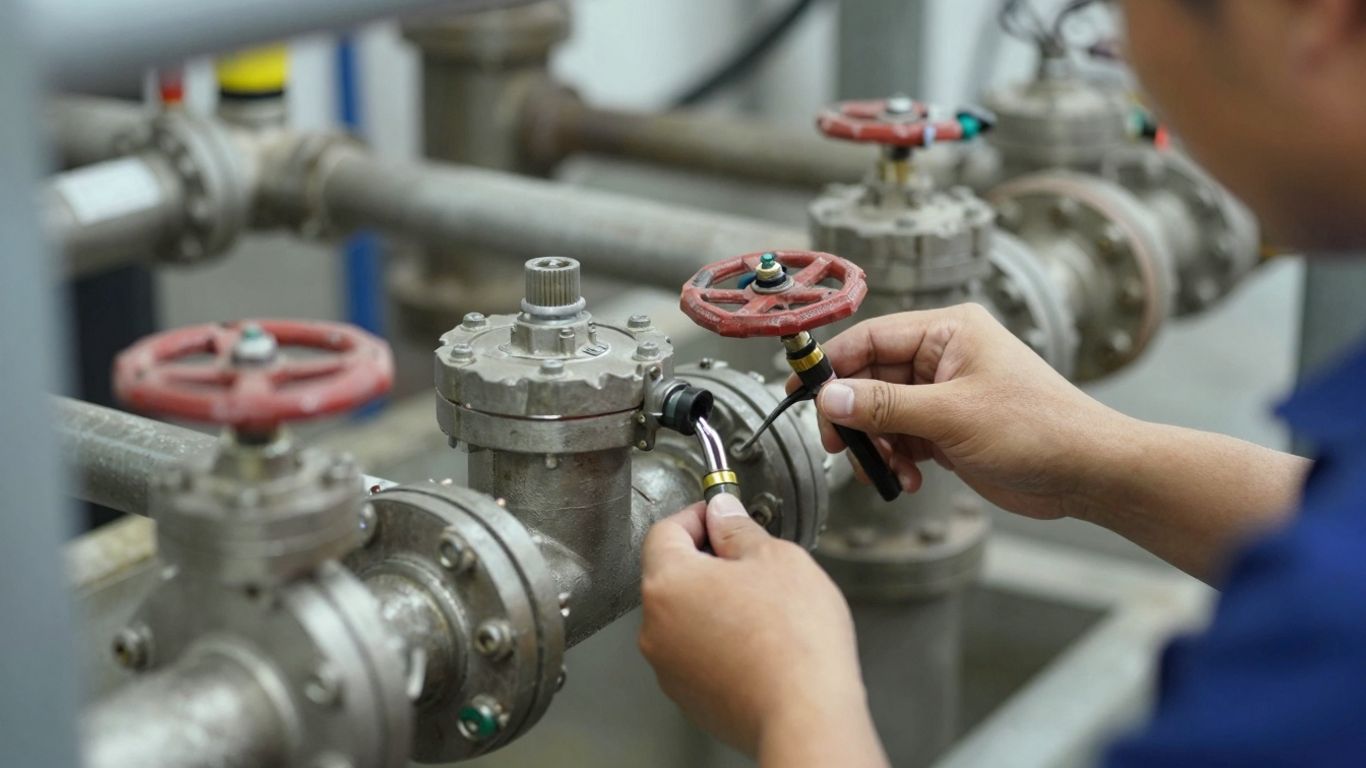 Technician installing headworks system pipes and valves.