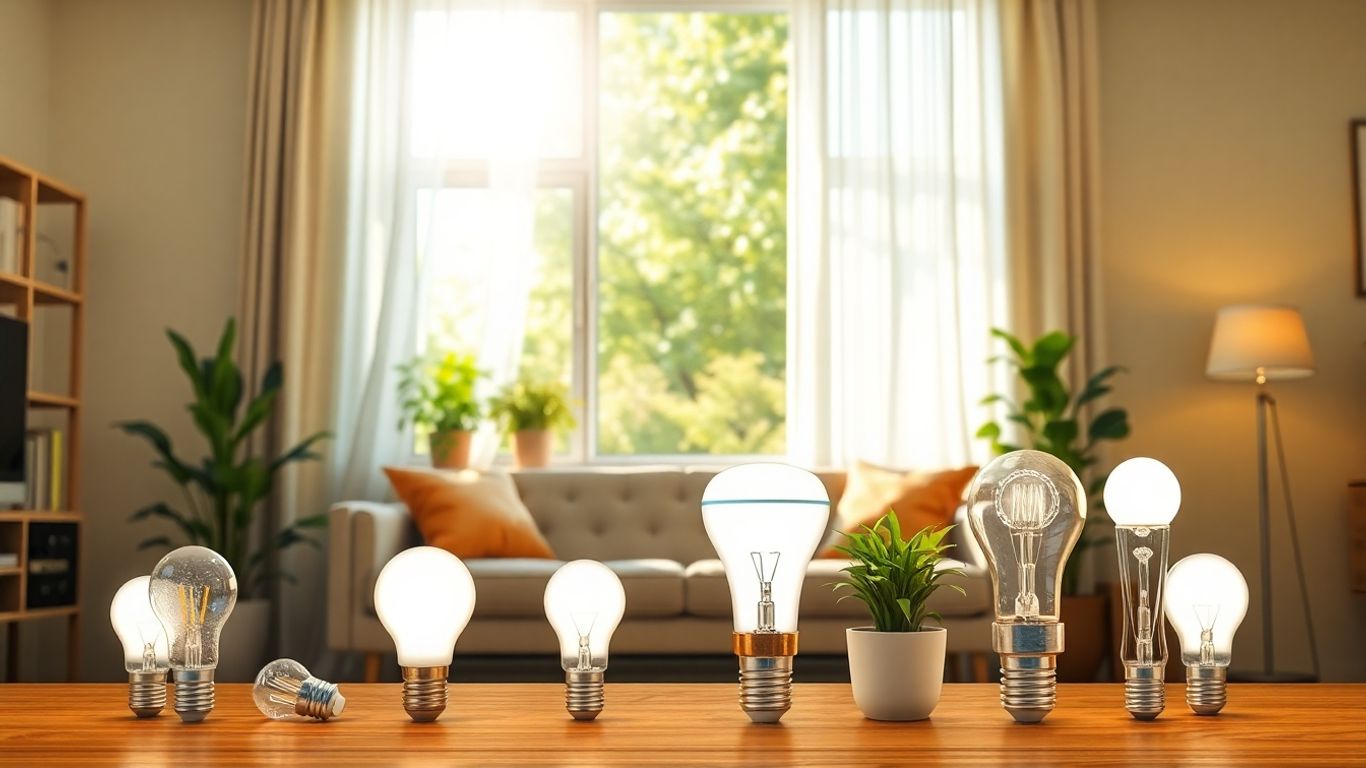 Various glowing LED bulbs in a bright room.