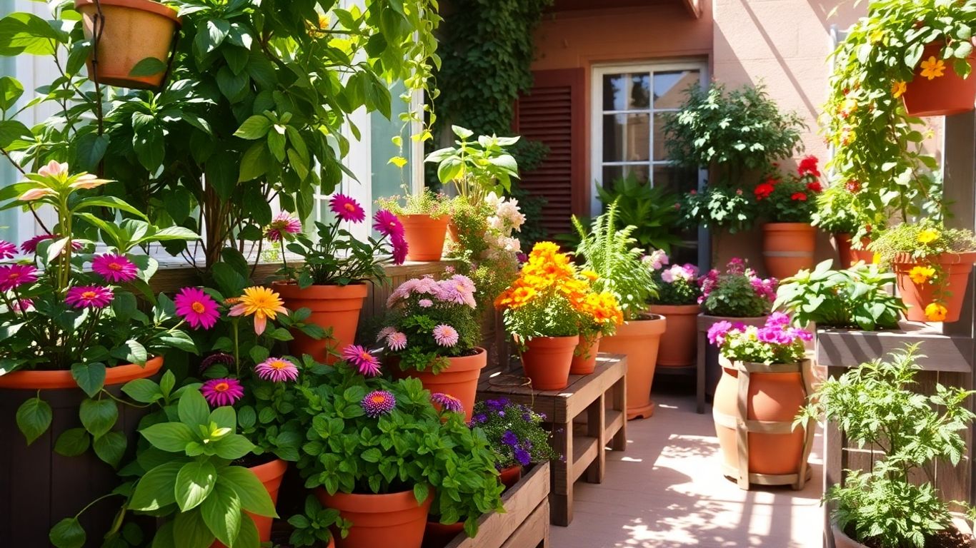 Kleine Balkongärten mit Pflanzen und Blumen