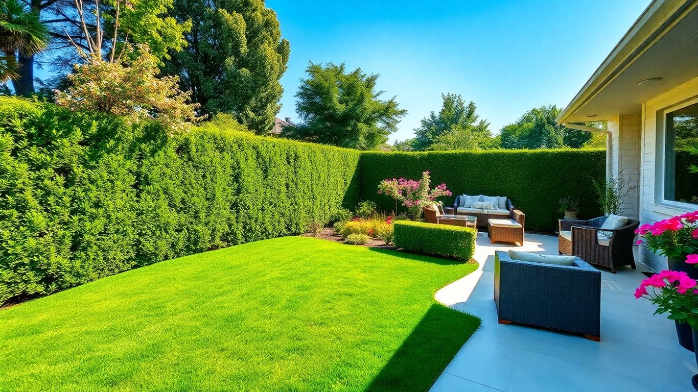 Clean and beautiful backyard with green grass and flowers.