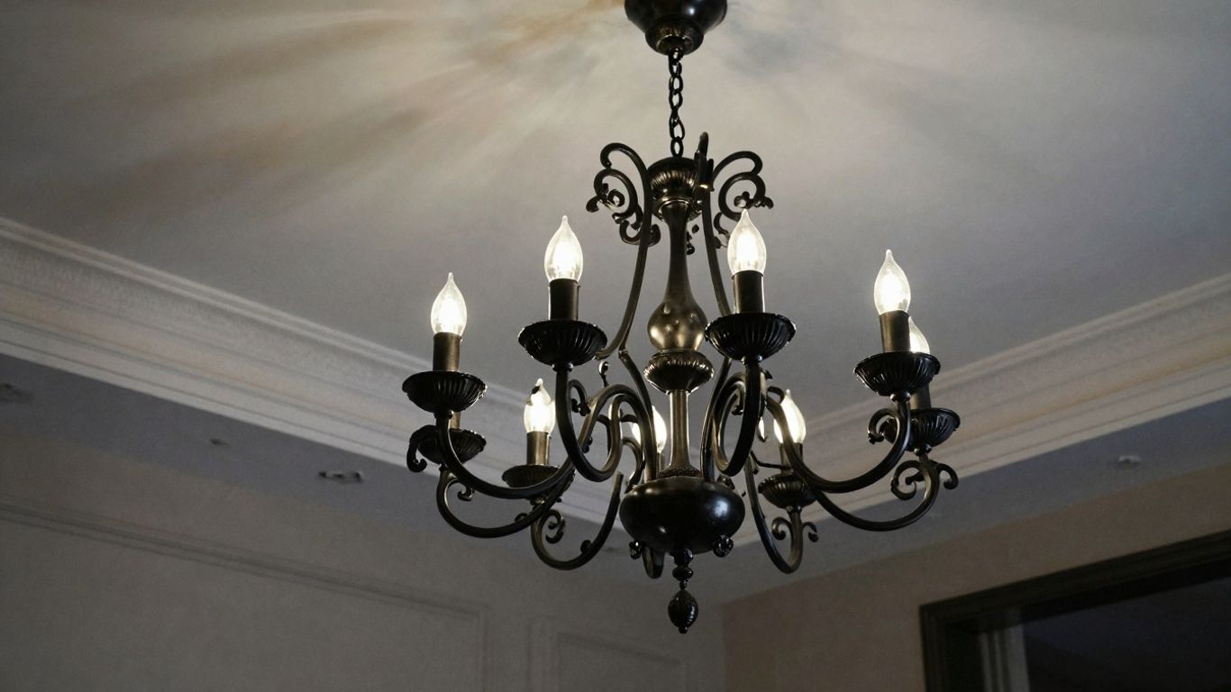 Elegant black chandelier in a luxurious room setting.