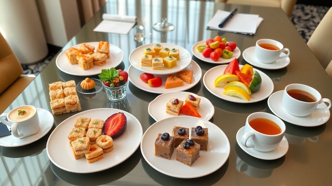 ชุดของว่างงานประชุมจัดเรียงอย่างสวยบนโต๊ะ