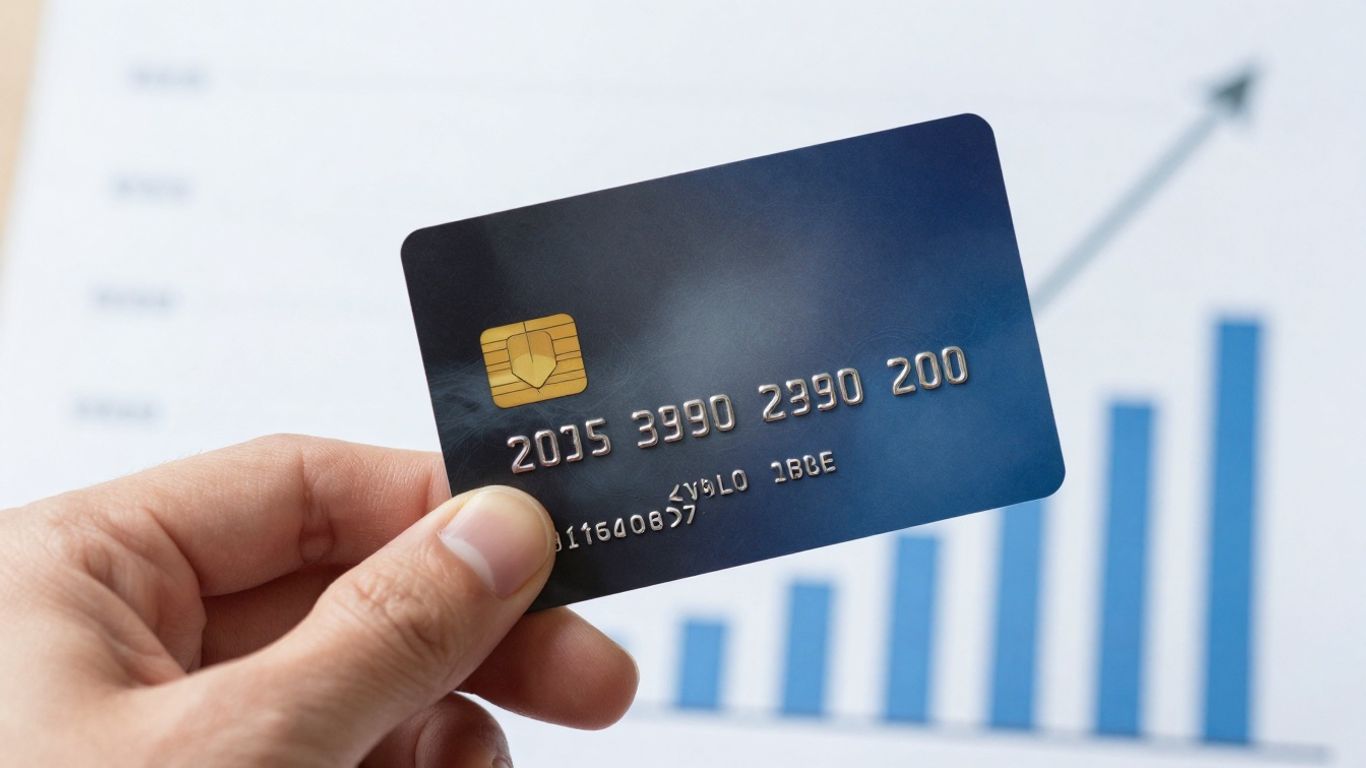Hand holding credit card with upward financial trend.