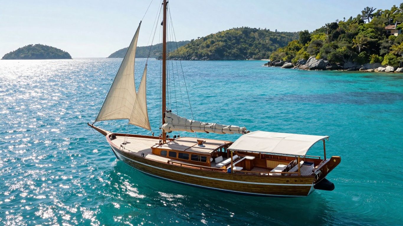 Luxurious gulet sailing on turquoise waters near green islands.
