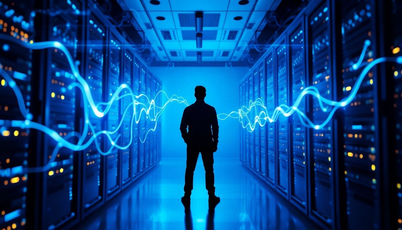 Glowing data streams within a modern server room.