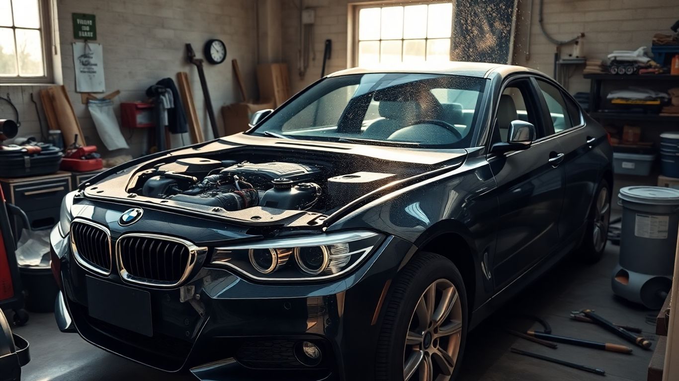 Mechanic working on a wrecked BMW in a garage.