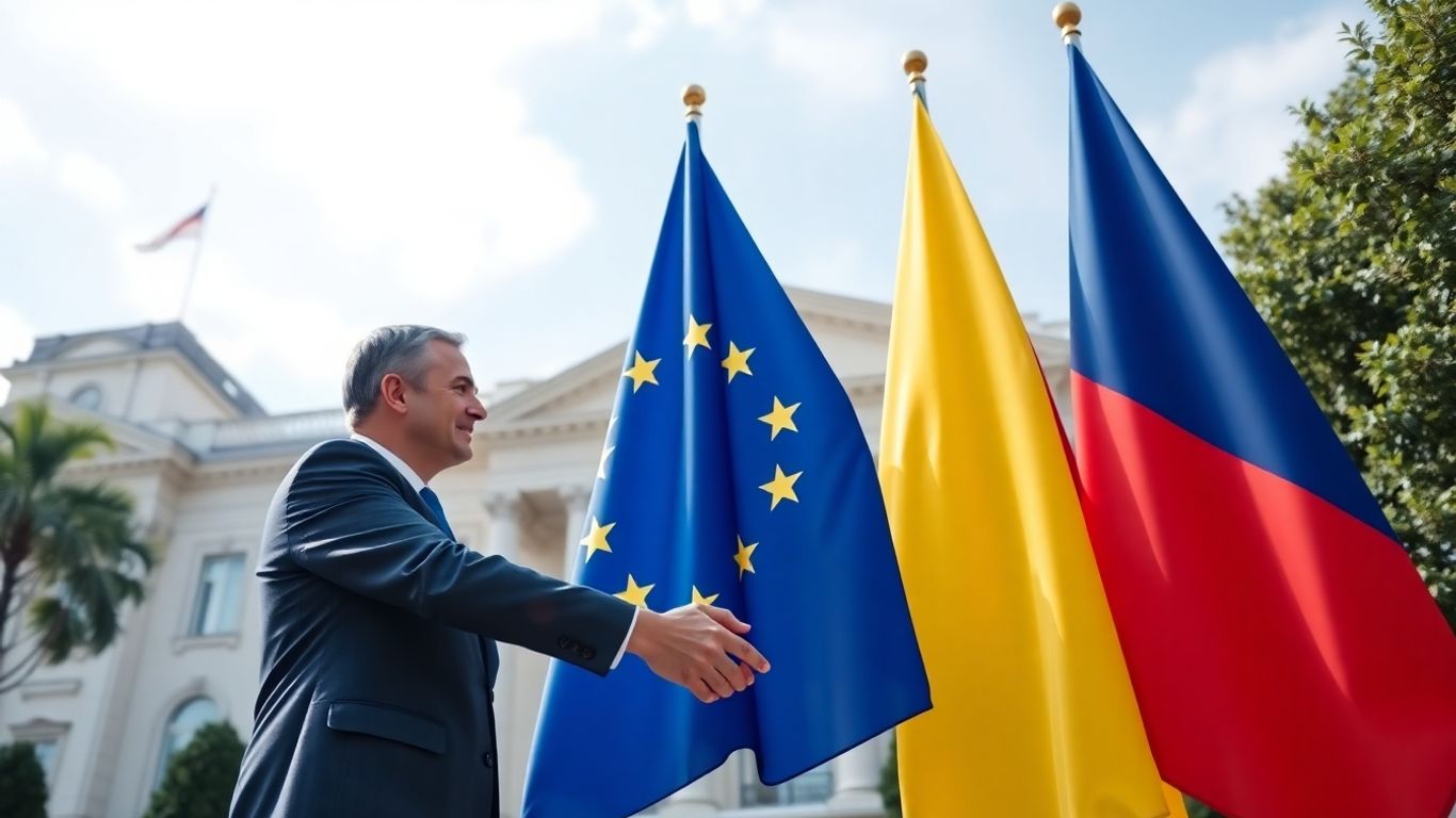 Două persoane strâng mâna în fața steagurilor UE și România.