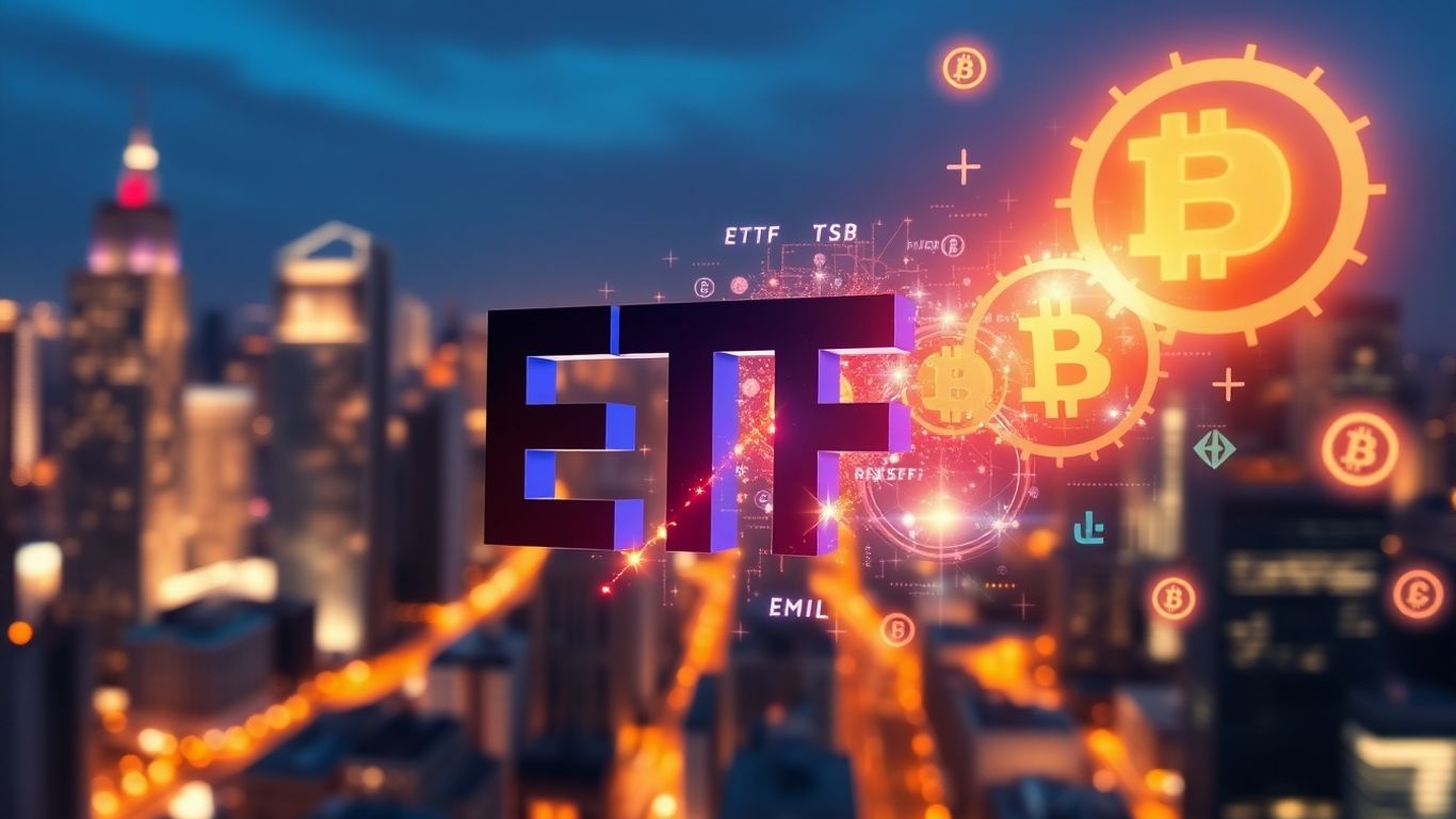 ETF and cryptocurrency icons merging in a futuristic financial landscape.