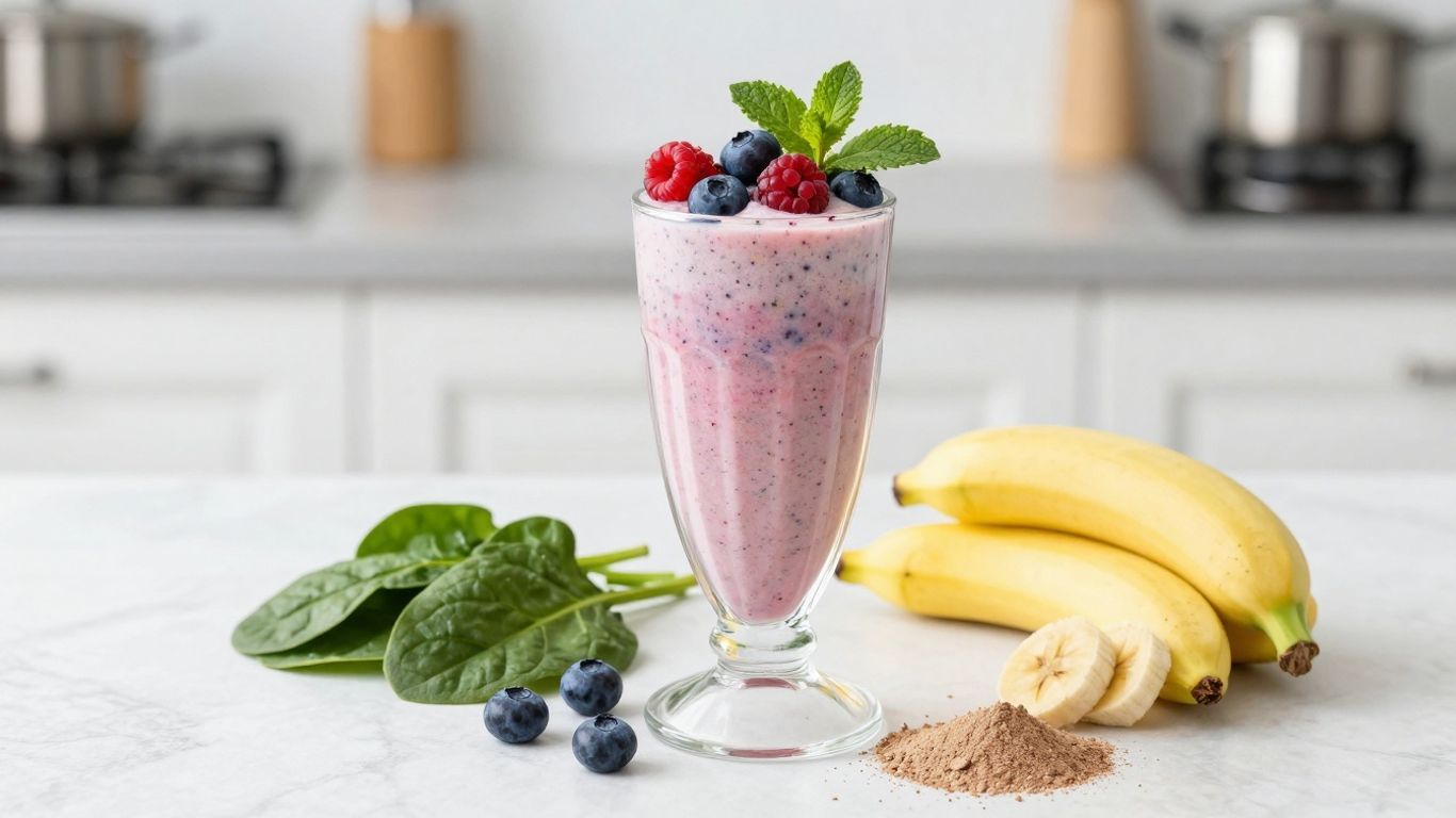 Healthy breakfast shake with berries and spinach.