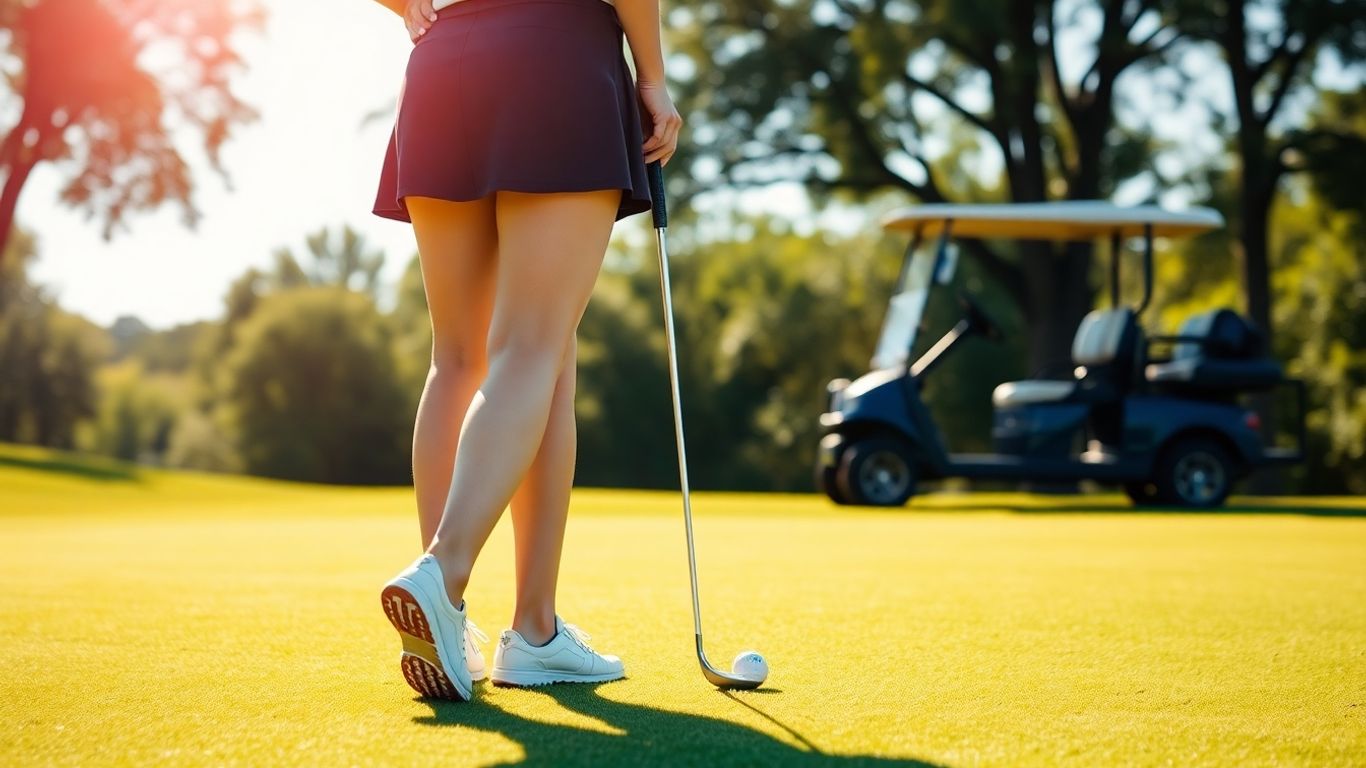 Woman in golf skort on a sunny golf course.