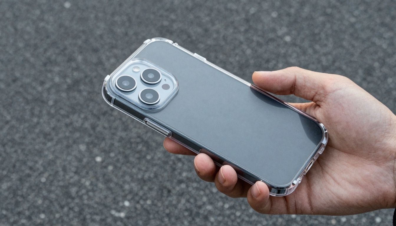 Person using a generic smartphone with a transparent waterproof case in an outdoor setting