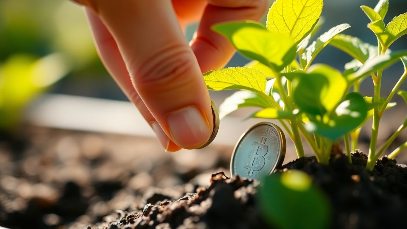 Hand investing coin into a growing plant