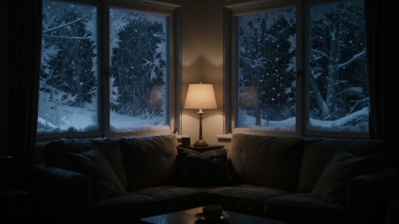 Flickering lamp in a snowy, dimly lit room.