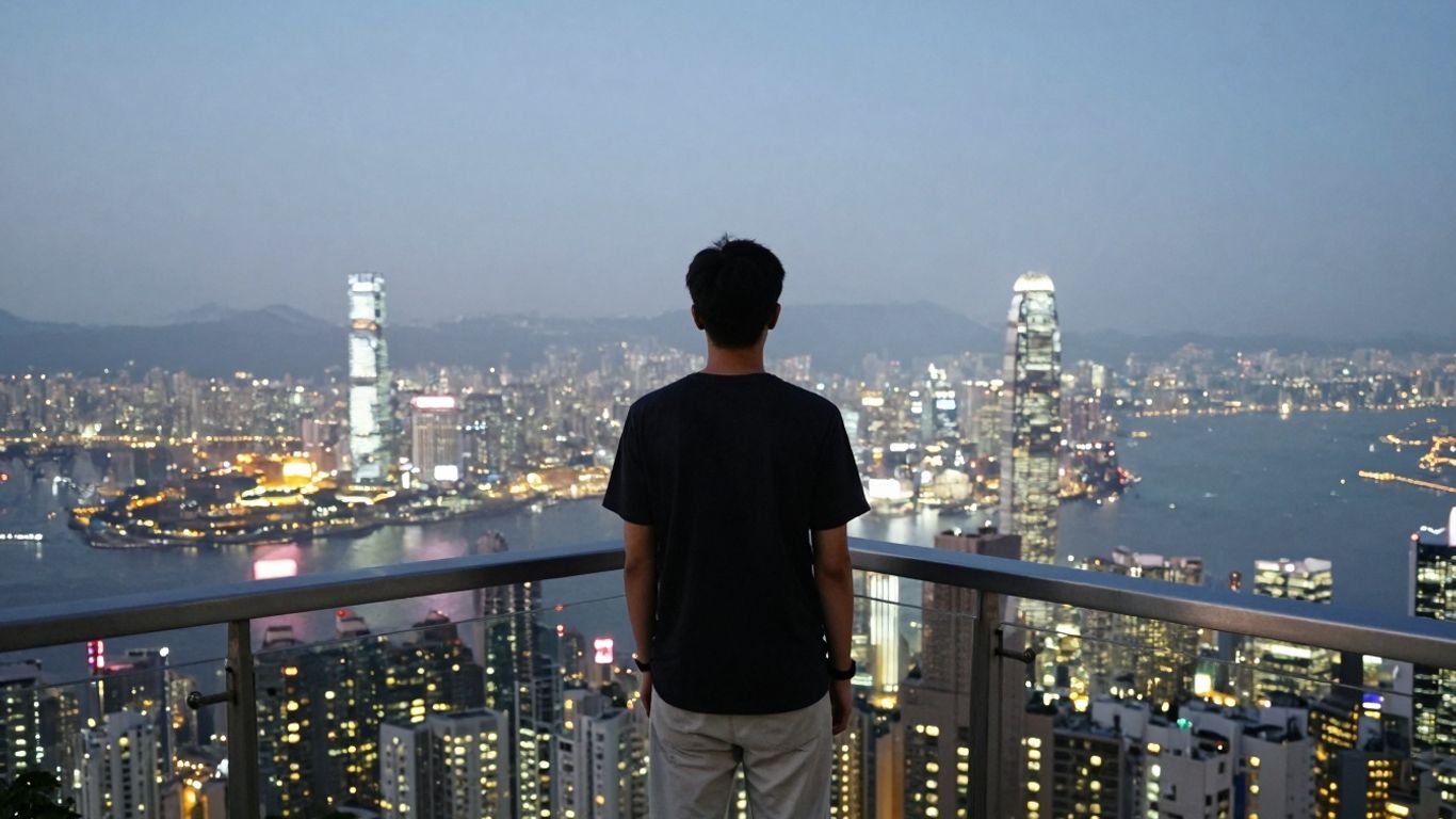 Hong Kong cityscape at dusk, high-rise buildings, solitary figure on balcony.