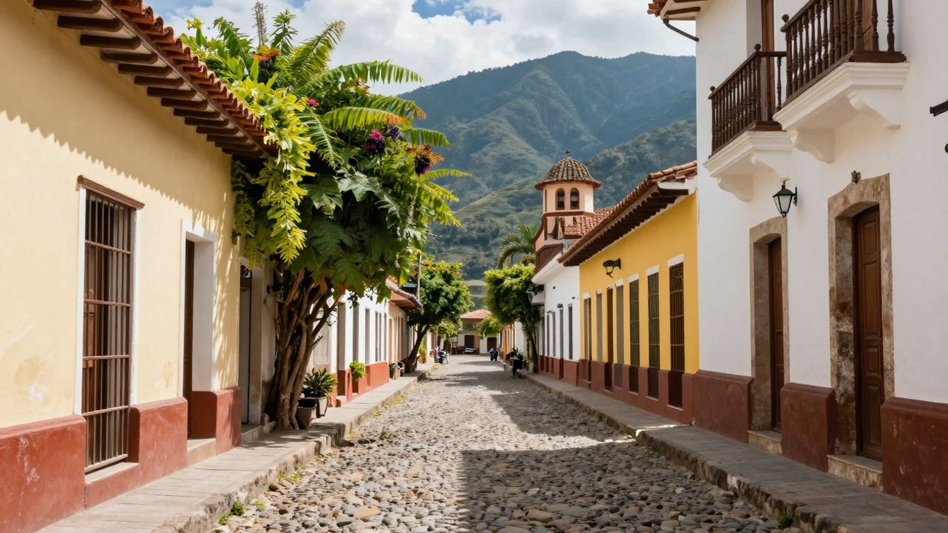 Colorful street in a South American city with mountains.
