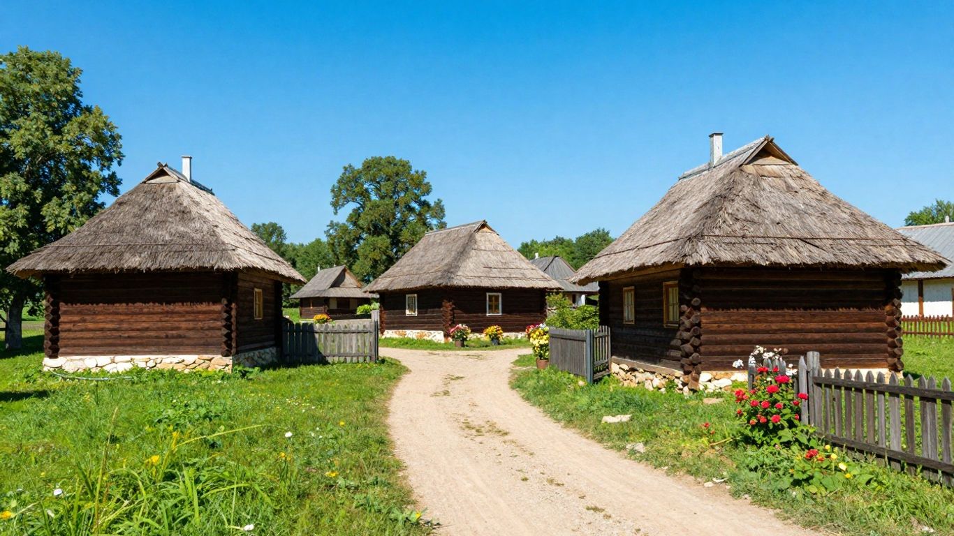 Muzeul Satului cu case tradiționale românești și vegetație.