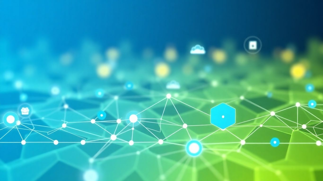 Datto RMM infographic with network nodes and digital elements.