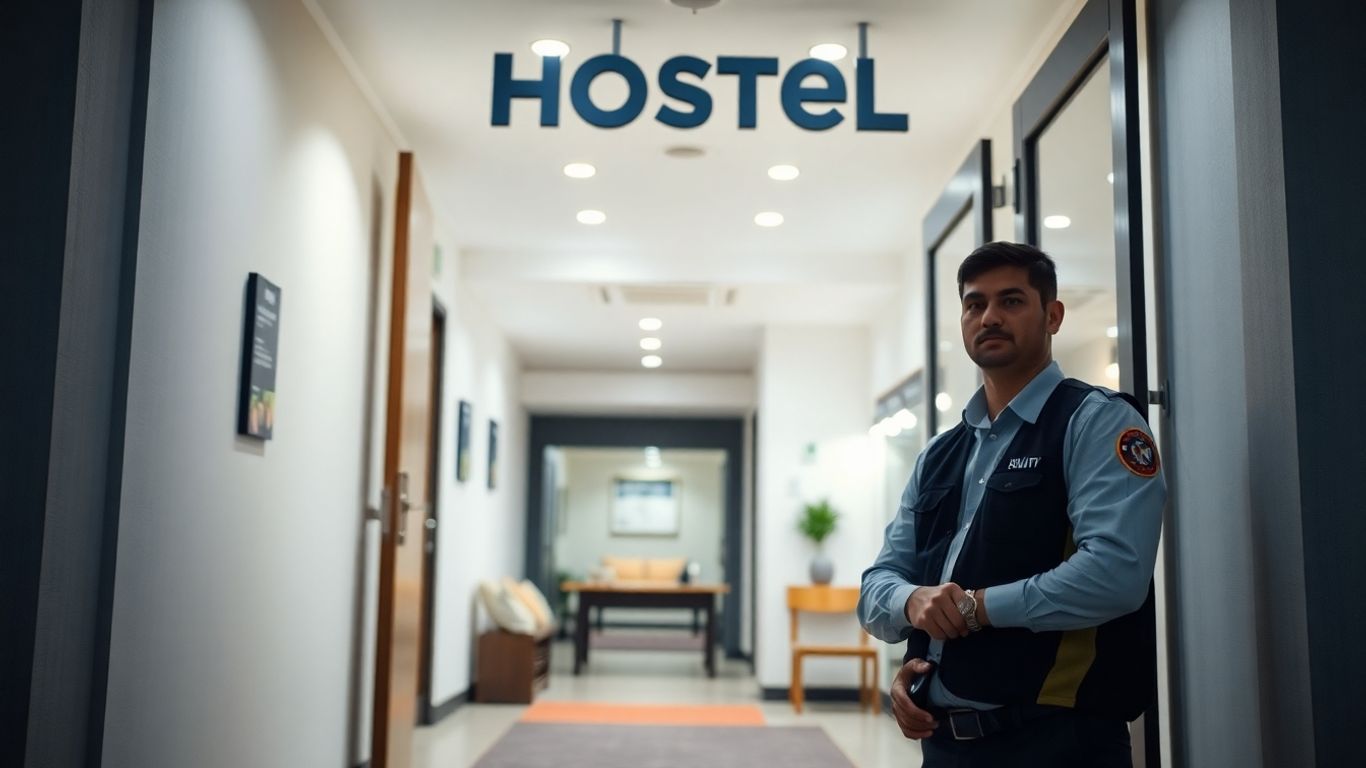 Secure and welcoming hostel entrance with a security guard.