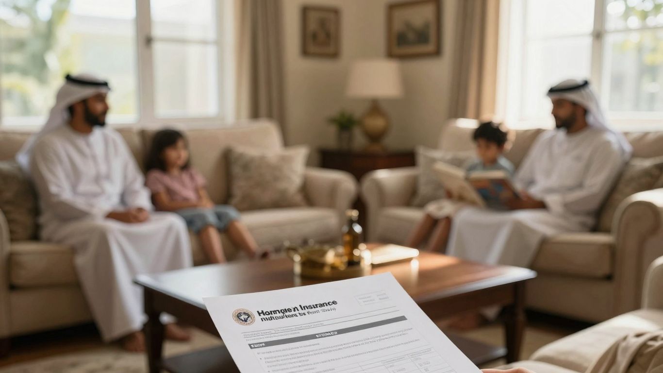 Familia relajada en sala de estar, seguro del hogar.