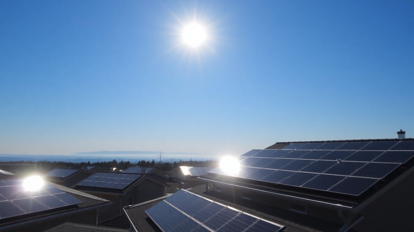 Canadian rooftops covered in solar panels under a blue sky.