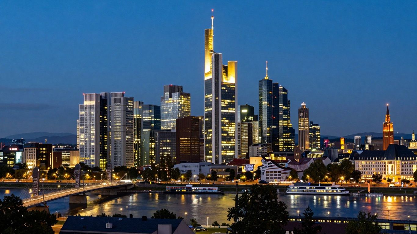 Stadtbild von Nordrhein-Westfalen bei Dämmerung mit Skyline.