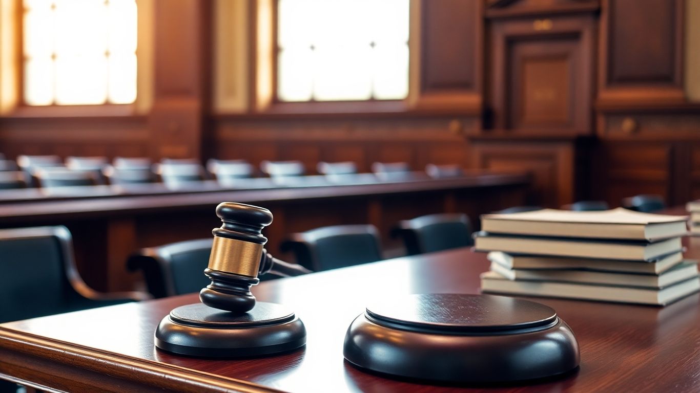 Ciocan de judecător și cărți de drept în sala de judecată