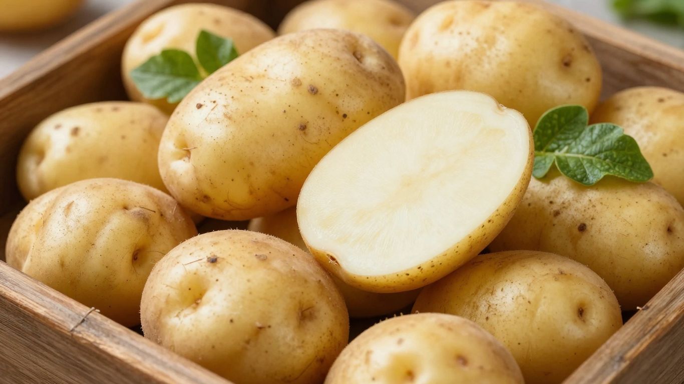 Verse biologische aardappelen in een houten kist.