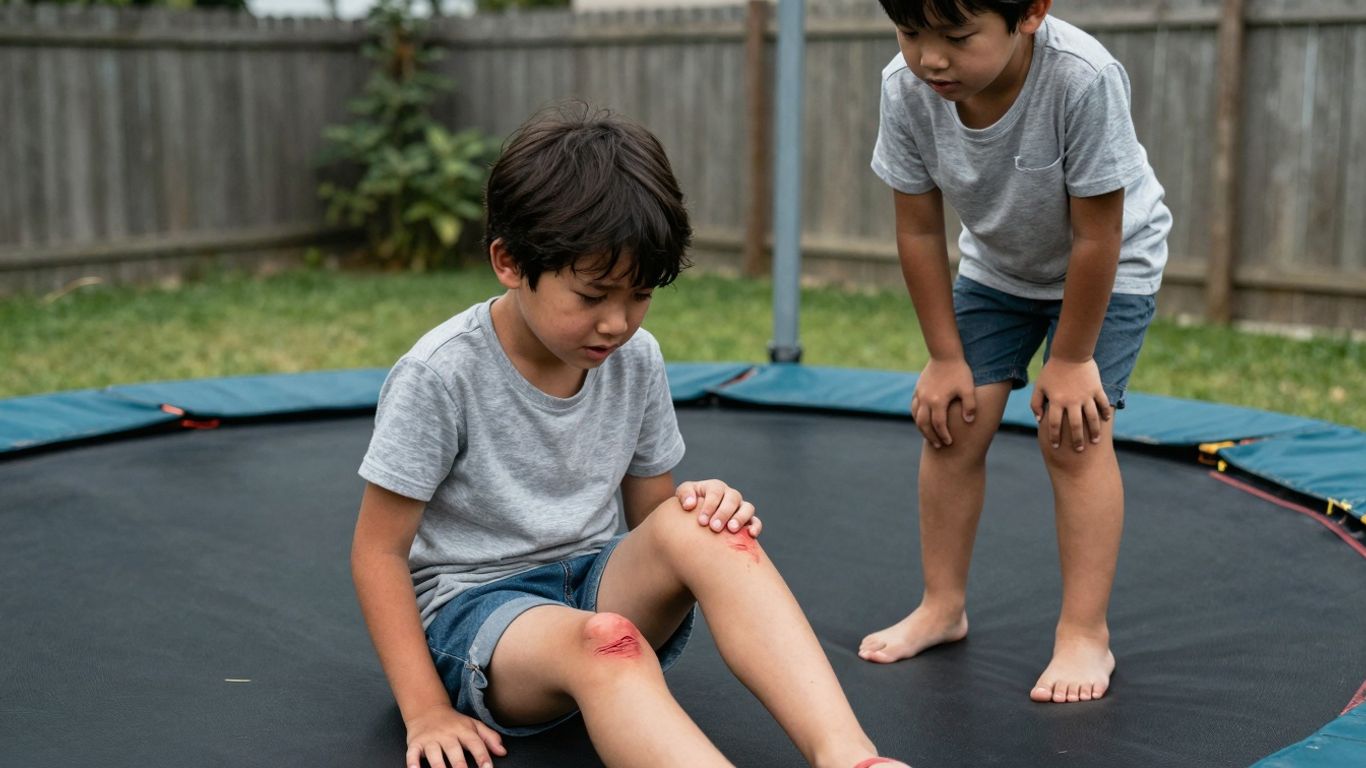 Child injured on trampoline with concerned friend nearby.