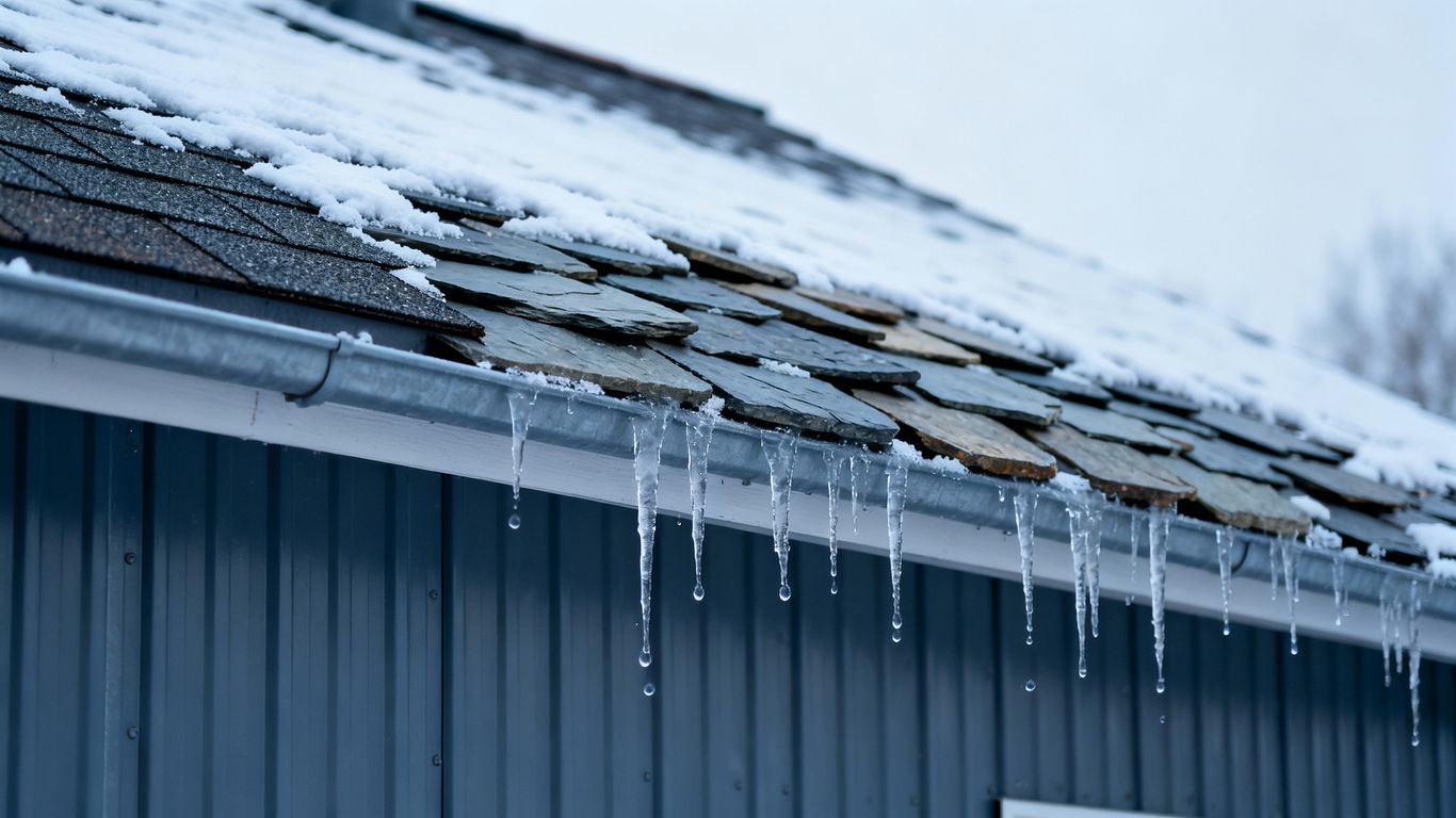 Snowy roof with different material samples in cold weather.